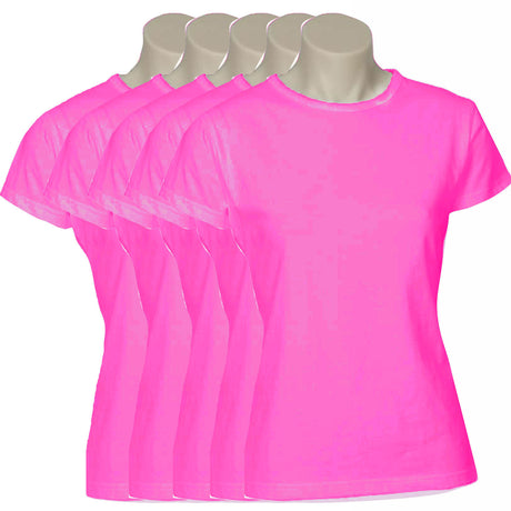 5x Womens Plain Ladies T SHIRT 100% COTTON Basic Tee Casual Top Size 6-24 BULK - Magenta Pink