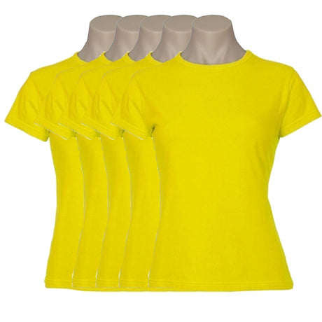 5x Womens Plain Ladies T SHIRT 100% COTTON Basic Tee Casual Top Size 6-24 BULK - Yellow