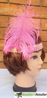 6x 1920s FLAPPER HEADBAND Headpiece Feather Sequin Charleston Costume Party BULK - Light Pink