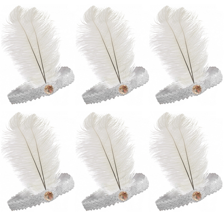 6x 1920s FLAPPER HEADBAND Headpiece Feather Sequin Charleston Costume Party BULK - White