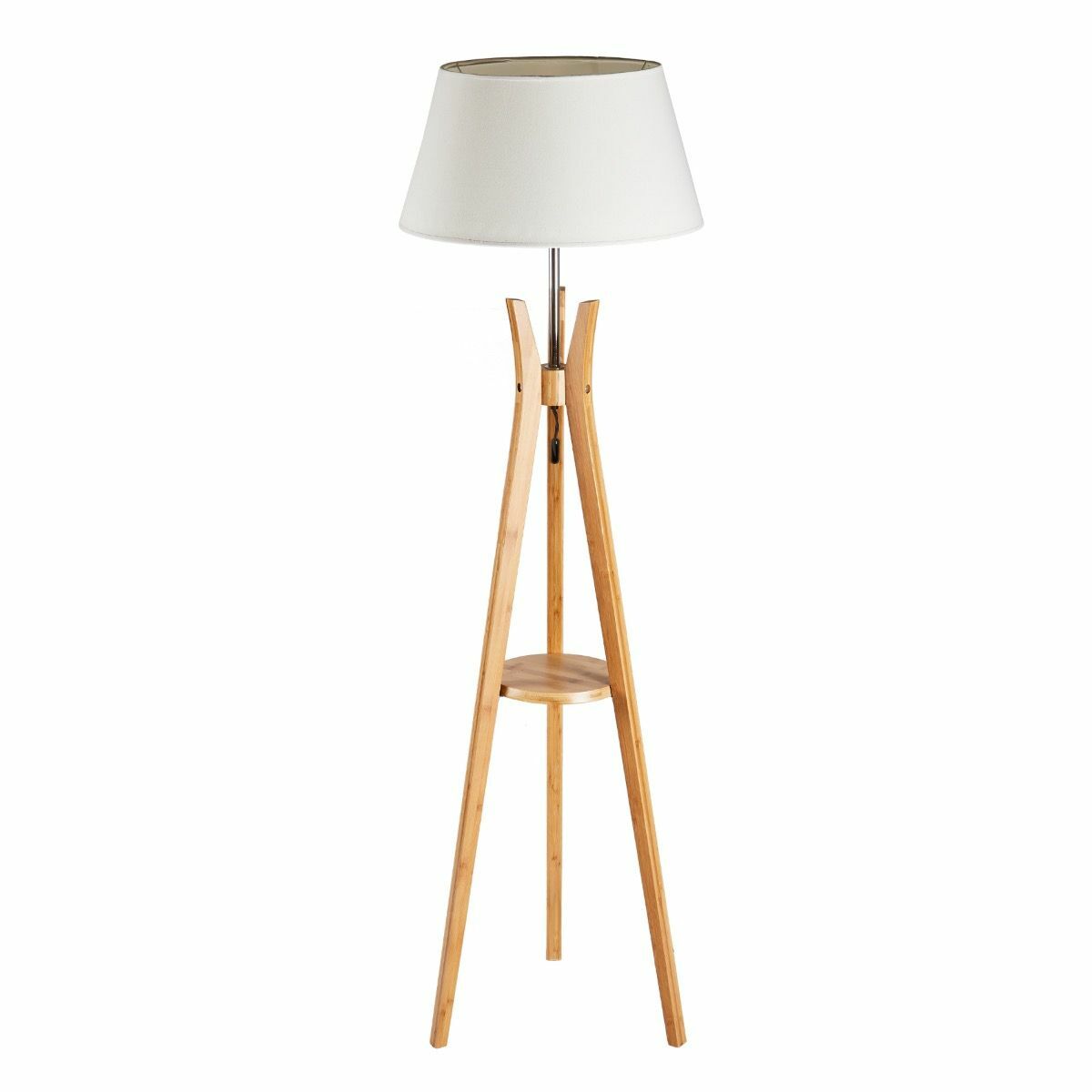 LARGE BAMBOO TRIPOD FLOOR LAMP Linen Shade Modern Light Vintage Wooden Scandi