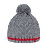 BRBL Merino Wool Blend Pull On BEANIE Hat Knitted Pom Pom - Grey/Red - S