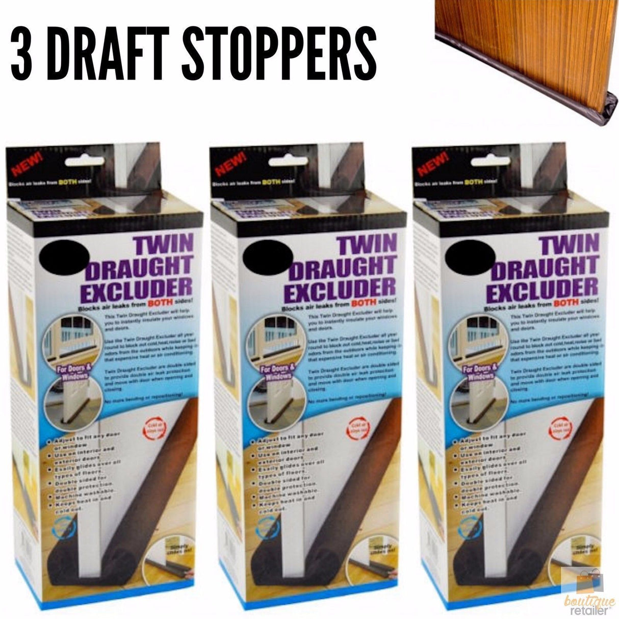 3x Twin DRAFT STOPPER Double Sided Snake Air Wind Door Guard Cover Weather Seal