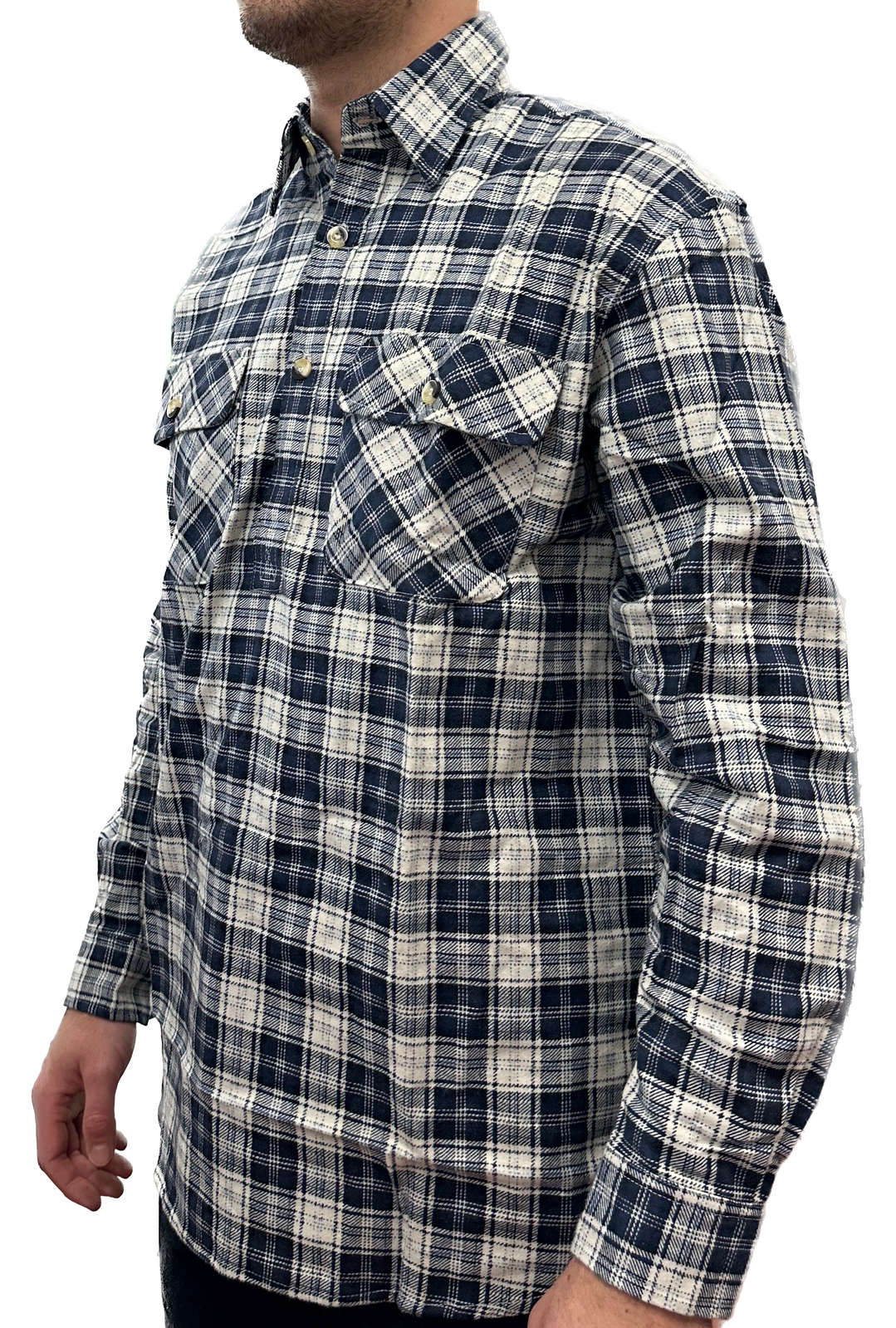 Mens Flannelette Long Sleeve Pullover Shirt 100% Cotton Flannel - Half Placket - Blue Check