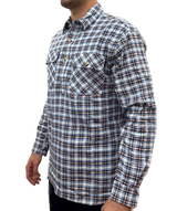 Mens Flannelette Long Sleeve Pullover Shirt 100% Cotton Flannel - Half Placket - Blue Check