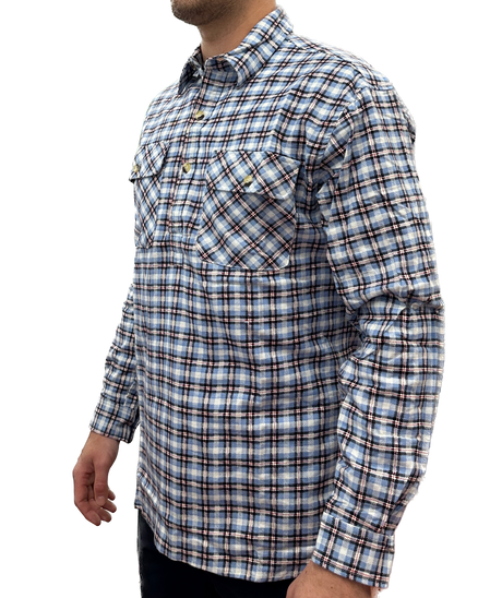 Mens Flannelette Long Sleeve Pullover Shirt 100% Cotton Flannel - Half Placket - Blue Check