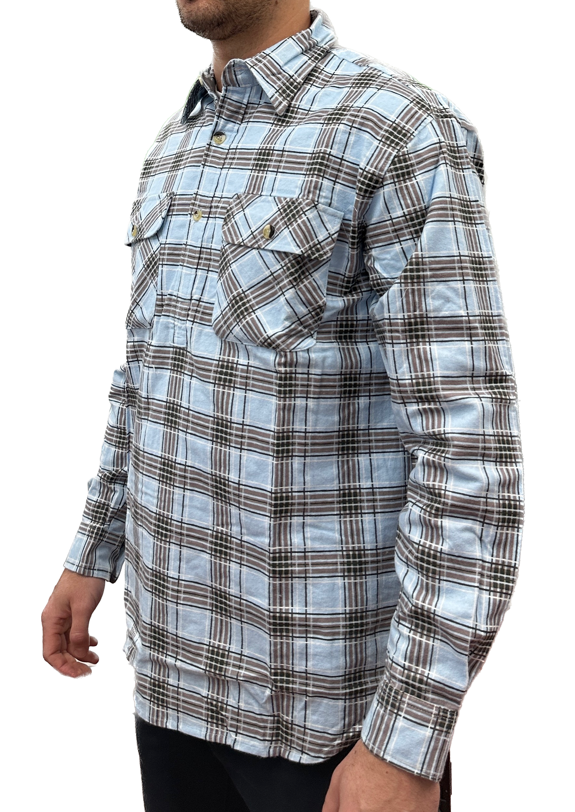 Mens Flannelette Long Sleeve Pullover Shirt 100% Cotton Flannel - Half Placket