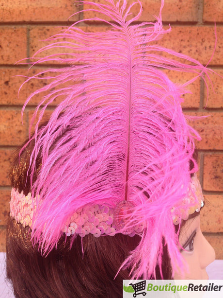 1920s FLAPPER HEADBAND Headpiece Feather Sequin Charleston Costume Gatsby Dance - Light Pink