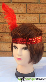 1920s FLAPPER HEADBAND Headpiece Feather Sequin Charleston Costume Gatsby Dance - Red