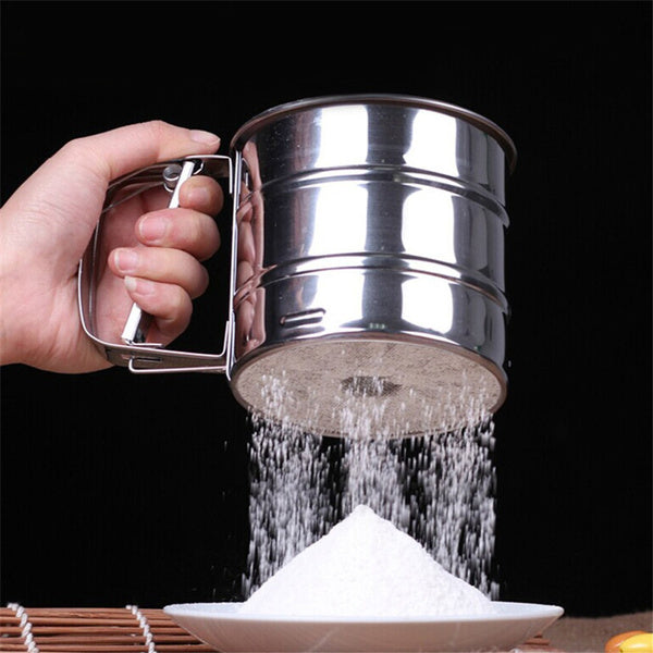 Mesh Flour Sifter Baking Icing Sieve Strainer Cup Sugar Shaker Mechanical Metal