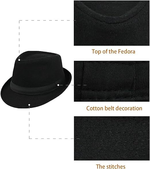 Classic Trilby Hat Fedora Felt Costume Gangster Jazz Cap in Black - One Size