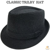 CLASSIC TRILBY HAT Fedora Felt Cap Costume Gangster in Herringbone Charcoal