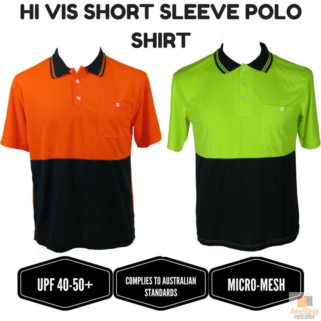 HI VIS Polo Shirt Top Tee Safety Workwear Short Sleeve Breathable Micro Mesh - Orange/Navy