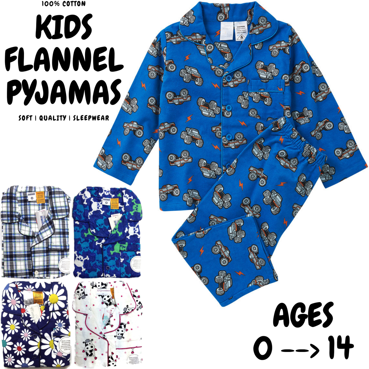 KIDS FLANNELETTE PYJAMAS PJs Boys Girls Flannel Pajamas Pyjama Winter Set PJ - Black/Blue/White Check