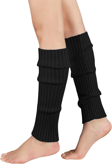 Pair of Womens Leg Warmers Disco Winter Knit Dance Party Crochet Legging Socks Costume - Black/White Stripe