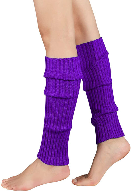 Pair of Womens Leg Warmers Disco Winter Knit Dance Party Crochet Legging Socks Costume - Fluro Yellow