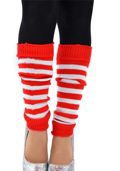 Pair of Womens Leg Warmers Disco Winter Knit Dance Party Crochet Legging Socks Costume - Rainbow with Black Stripe