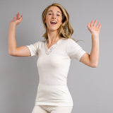 Womens Thermals Underwear Short Sleeve Merino Wool Blend Top Lace Motif - Beige