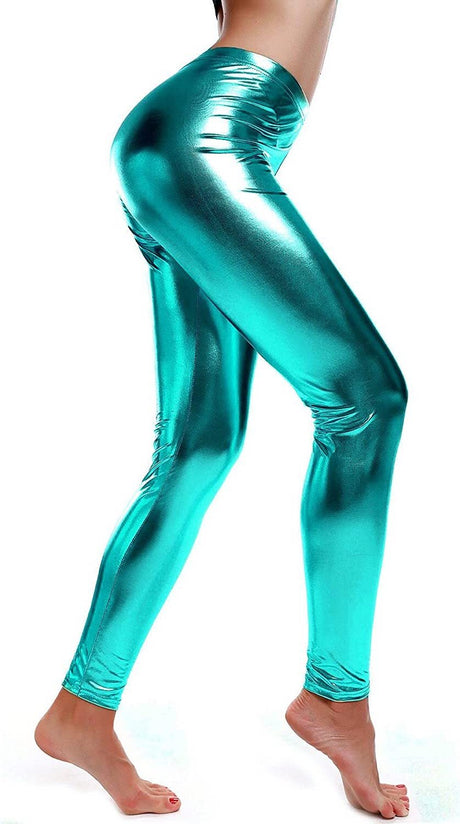 Metallic Leggings Stretchy Pants Neon Fluro Shiny Glossy Dress Up Dance Party - Purple