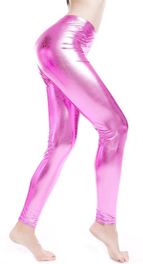 Metallic Leggings Stretchy Pants Neon Fluro Shiny Glossy Dress Up Dance Party - Red