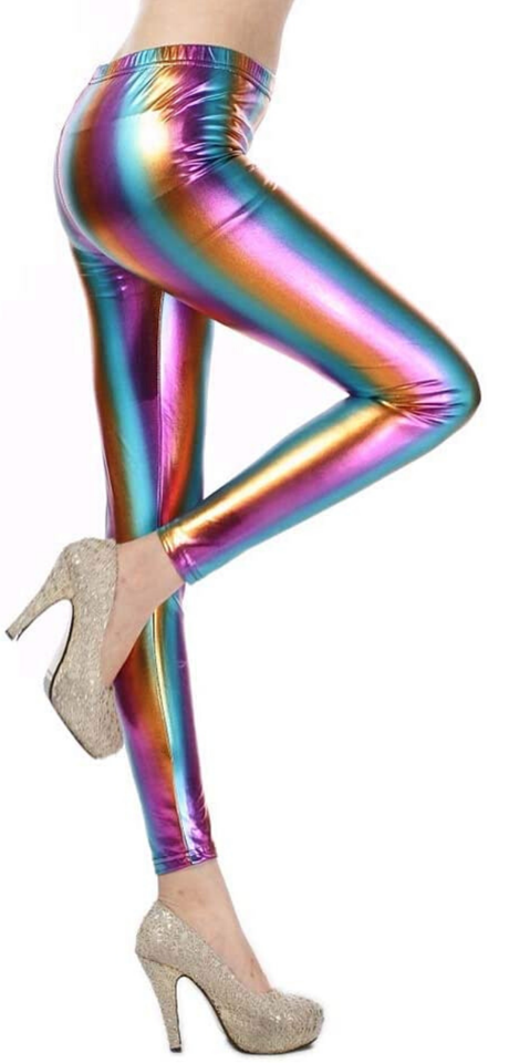 Metallic Leggings Stretchy Pants Neon Fluro Shiny Glossy Dress Up Dance Party