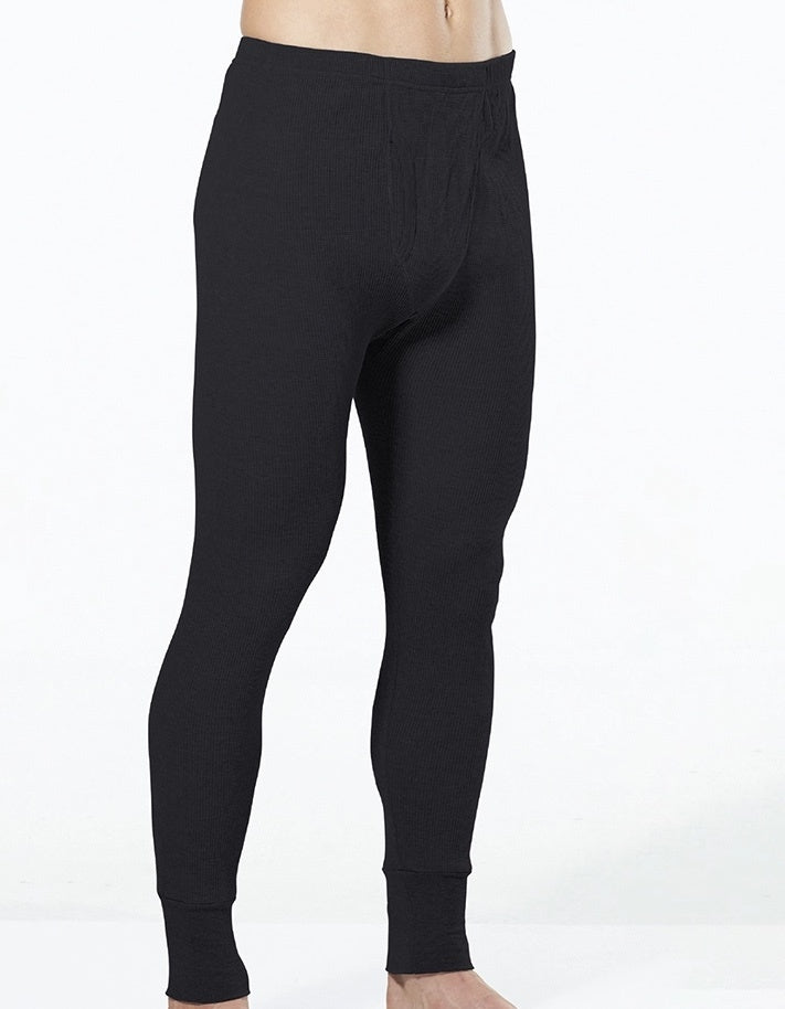 Thermo Fleece Mens Thermal Long John Tights Baselayer Cotton Blend Pants - Black