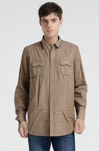 Mens Plain Slim 100% Cotton Long Sleeve Shirt Button Up Stylish Business Casual - Brown/Beige