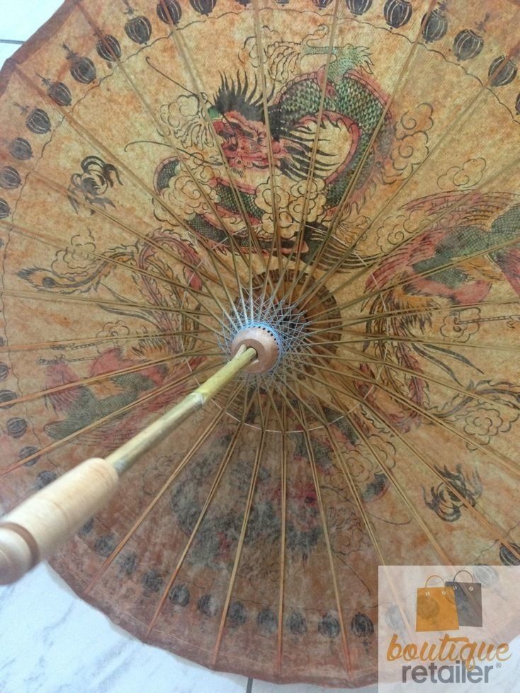 OIL PAPER UMBRELLA Parasol Chinese Decor HANDMADE Teak Leaf Bridal BAMBOO Rare