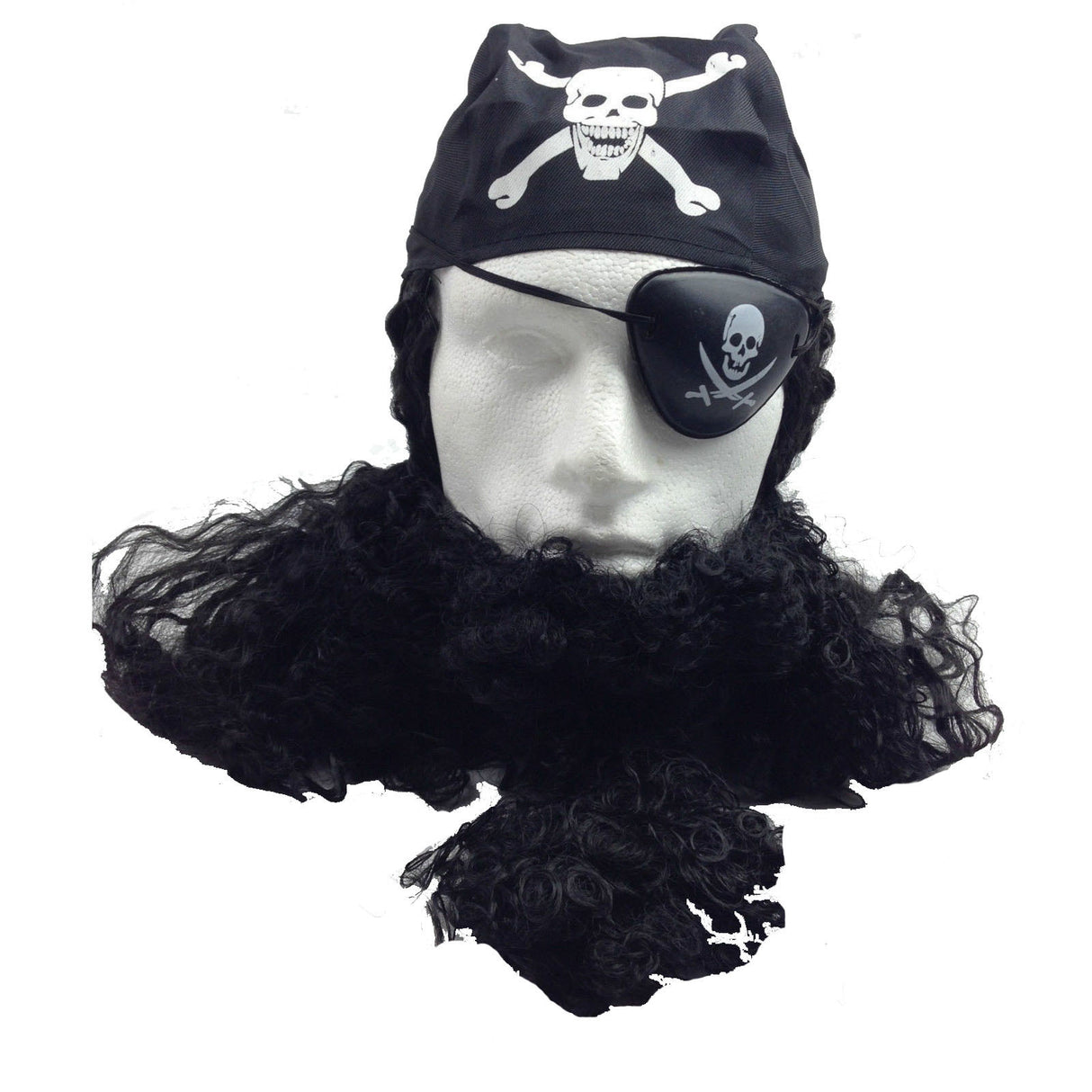 PIRATE WIG Costume Fancy Dress Caribbean with Bandana & Beard Party Eye Patch