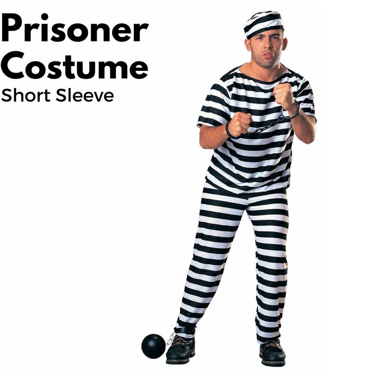 PRISONER COSTUME Halloween Jail Convict Adult Outfit Black White Short Sleeve