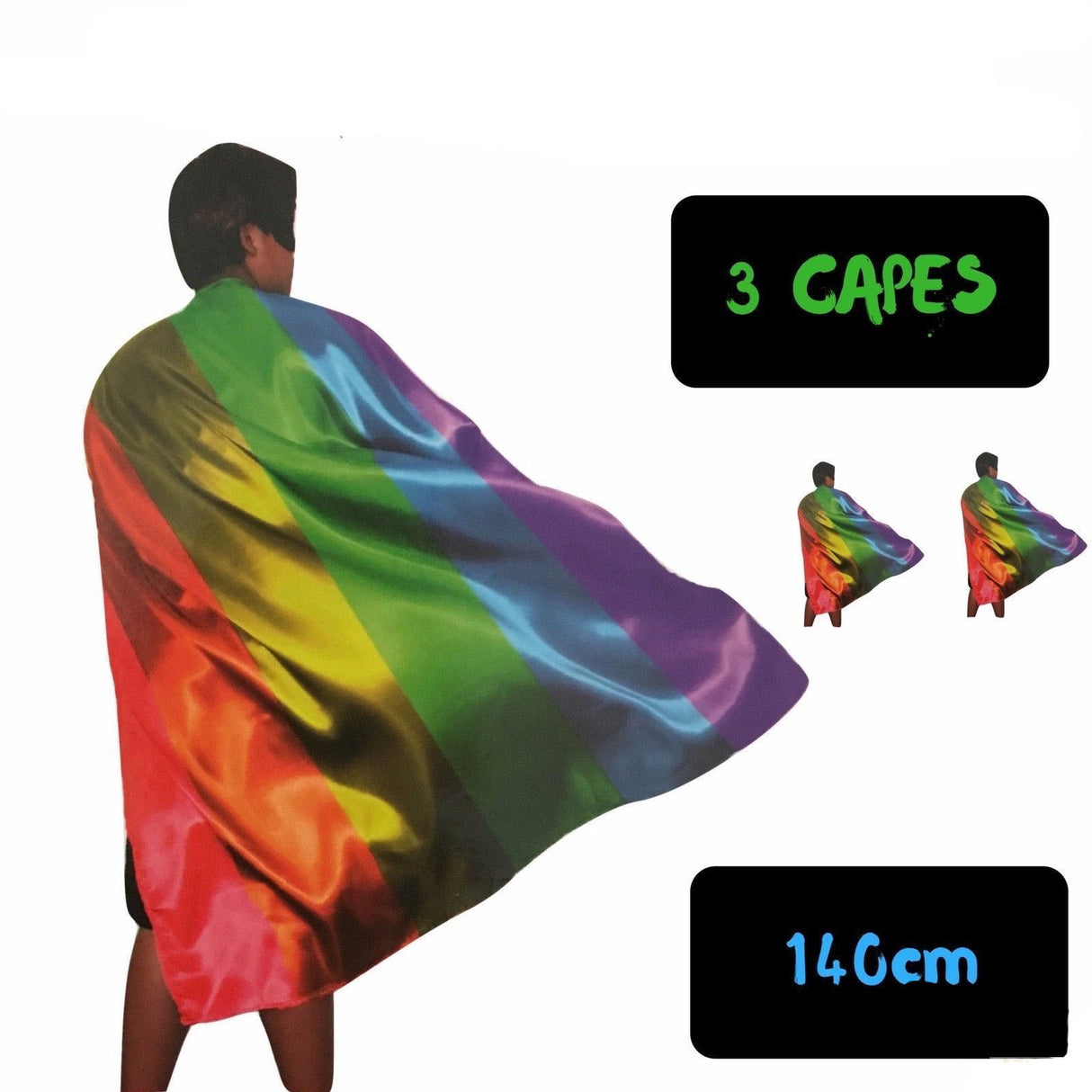 3x 140cm DELUXE RAINBOW CAPE Party Fancy Dress Costume Mardi Gras Pride BULK