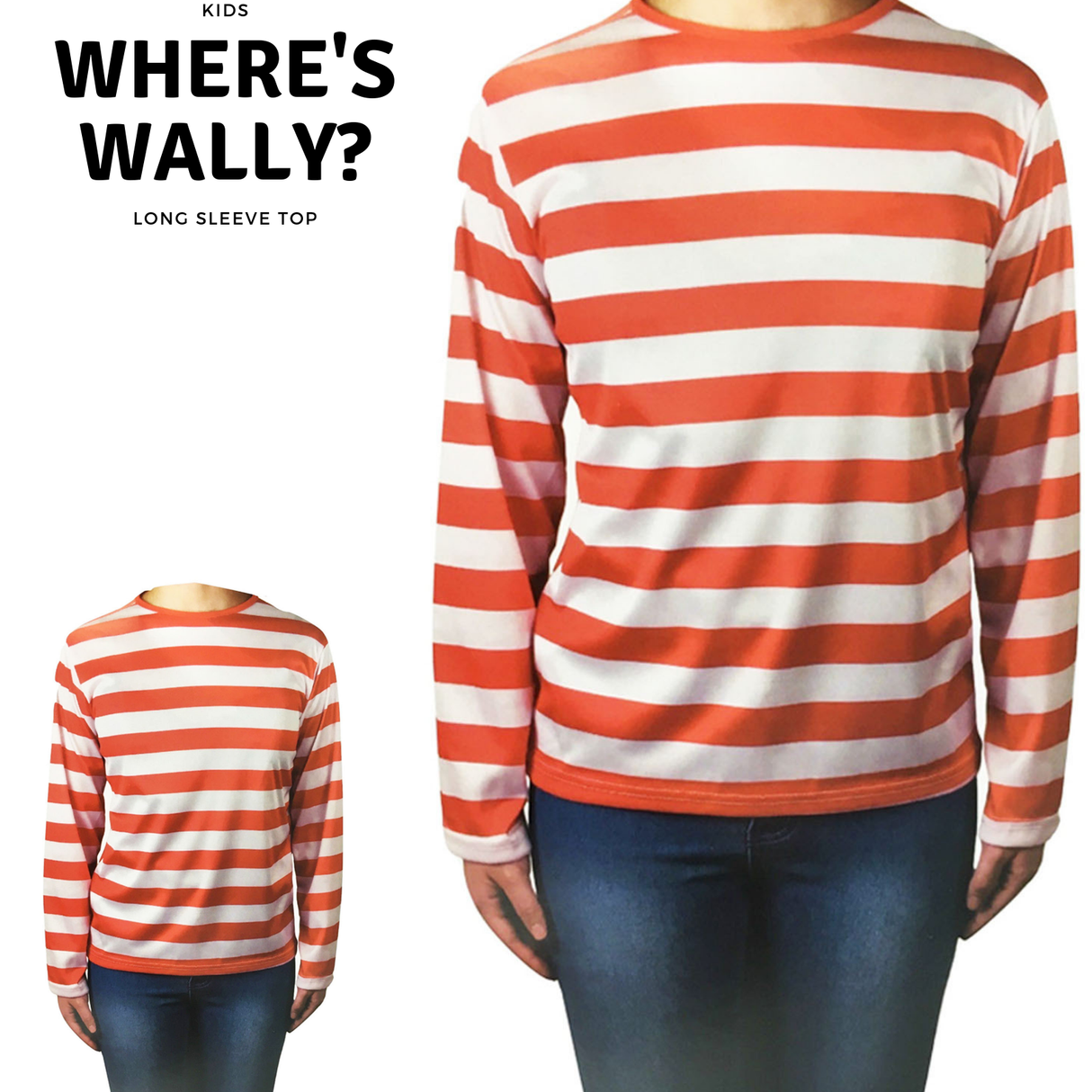 KIDS Red and White Striped Top Wheres Wally Wenda Waldo Shirt Costume Party Book Week