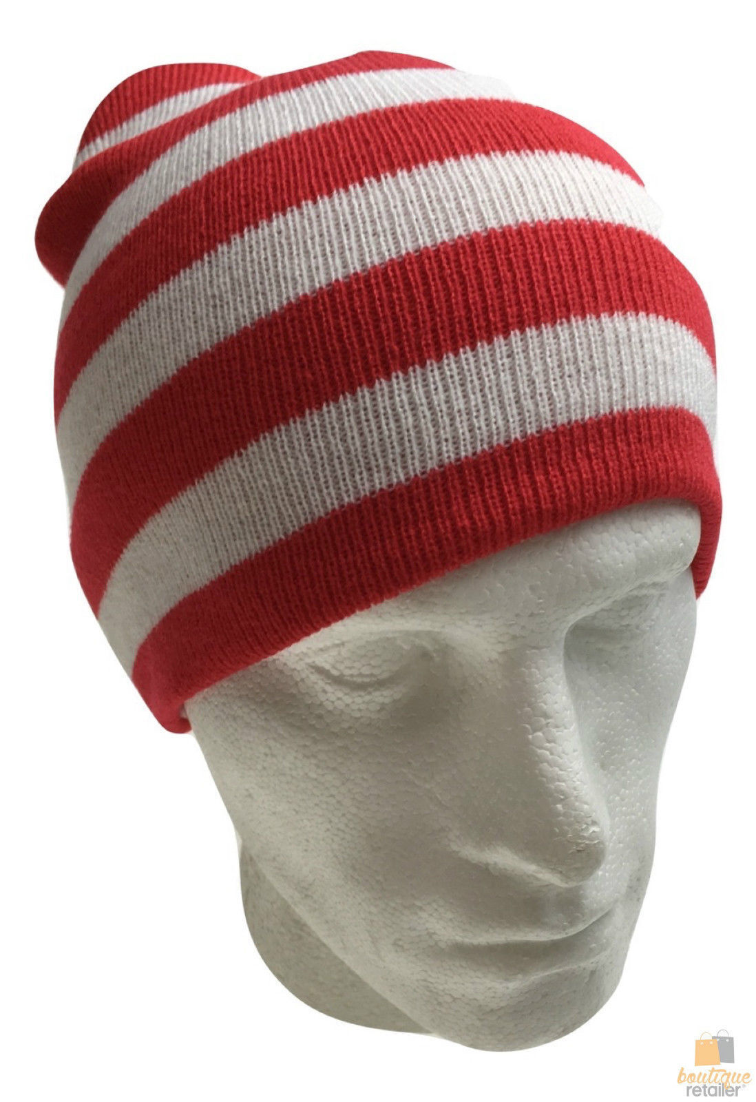 Red White Stripe Beanie Hat Costume Dress Up Knitted Ski Winter Cap New