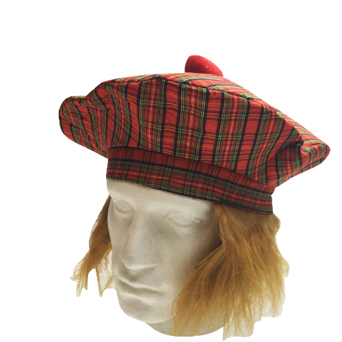 SCOTTISH HAT Tam O'Shanter Fancy Dress Costume with Hair Tartan Cap Party