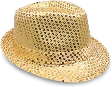 SEQUIN HAT Trilby Fedora Glitter Cap Costume Dance Party - Yellow/Gold