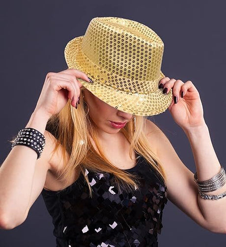 SEQUIN HAT Trilby Fedora Glitter Cap Costume Dance Party - Yellow/Gold