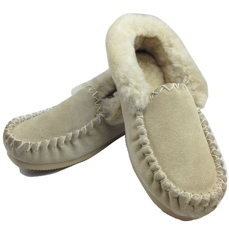 100% Sheepskin Moccasins Slippers Winter Casual Genuine Slip On UGG Non-Slip - Beige (Sand)