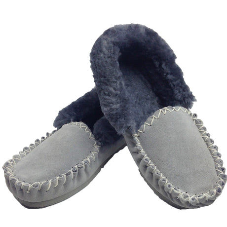 100% Sheepskin Moccasins Slippers Winter Casual Genuine Slip On UGG Non-Slip - Grey