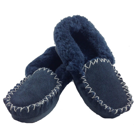 100% Sheepskin Moccasins Slippers Winter Casual Genuine Slip On UGG Non-Slip - Navy