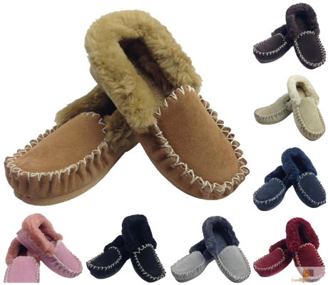 100% Sheepskin Moccasins Slippers Winter Casual Genuine Slip On UGG Non-Slip - Beige (Sand)