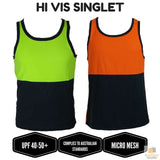 Hi Vis SINGLET Work Wear Safety Tank Top Fluro Micro Mesh UPF50+ High Visibility