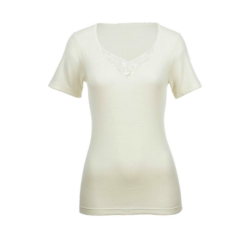 100% Pure Merino Wool Womens Short Sleeve Thermal Top Woolmark Thermals Fleece - Natural