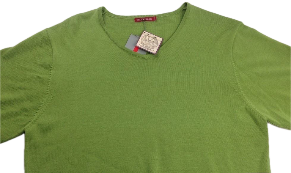 Men's Merino Wool V-Neck Sweater Long Sleeve Green Knitted Jumper Warm in Green Size Large