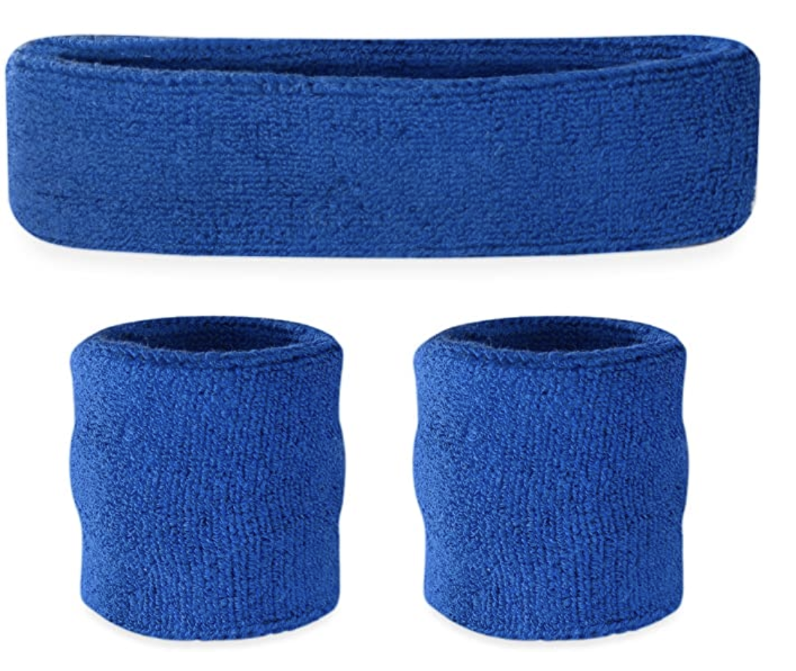 WRISTBAND & HEADBAND SET Tennis Terry Towelling Cotton Sweat Band Team Gym  - Blue