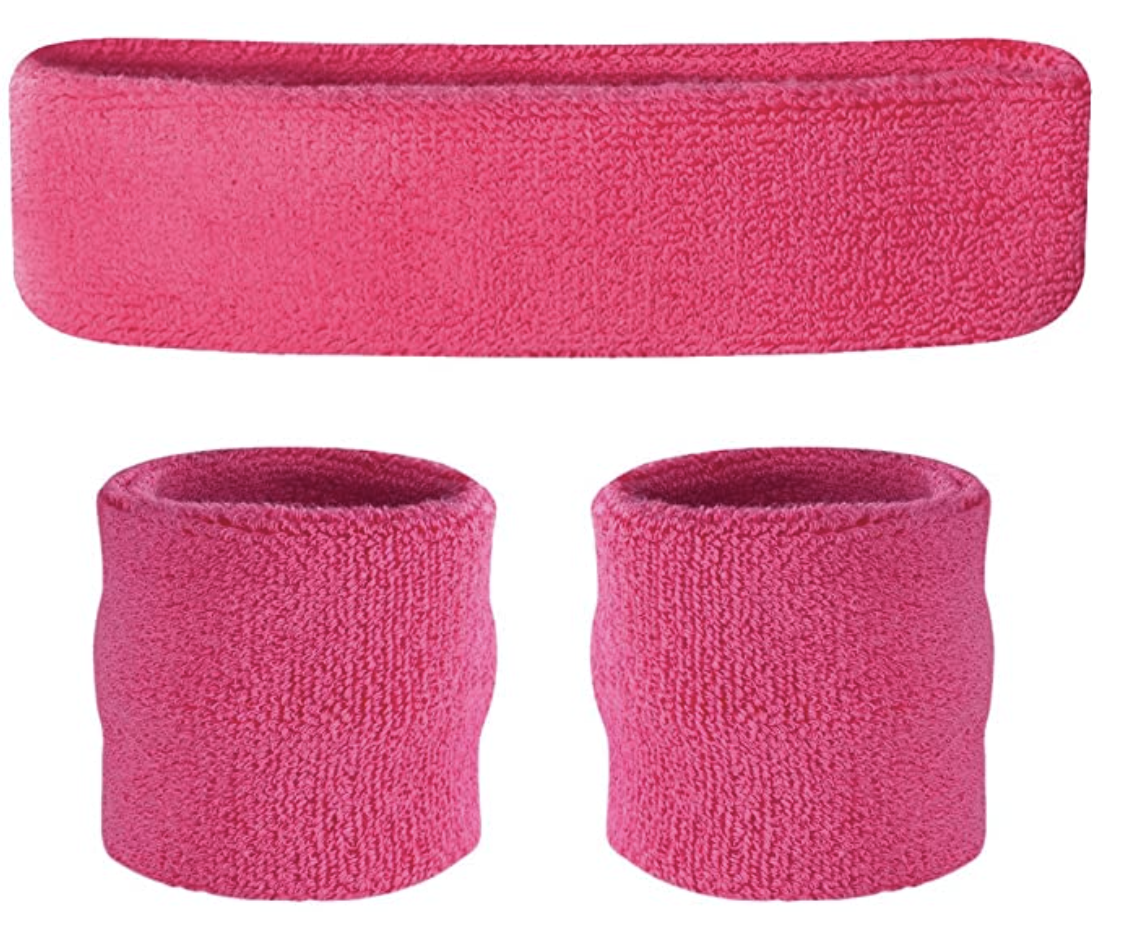 WRISTBAND & HEADBAND SET Tennis Terry Towelling Cotton Sweat Band Team Gym  - Hot Pink