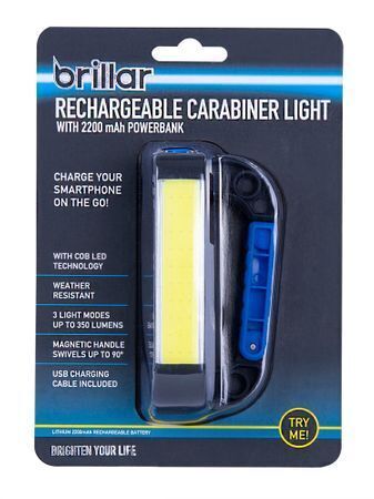 Brillar Rechargeable Carabiner Light with 2200 mAh Powerbank Compact