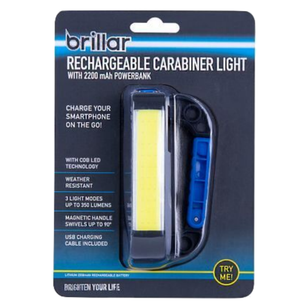 Brillar Rechargeable Carabiner Light with 2200 mAh Powerbank Compact