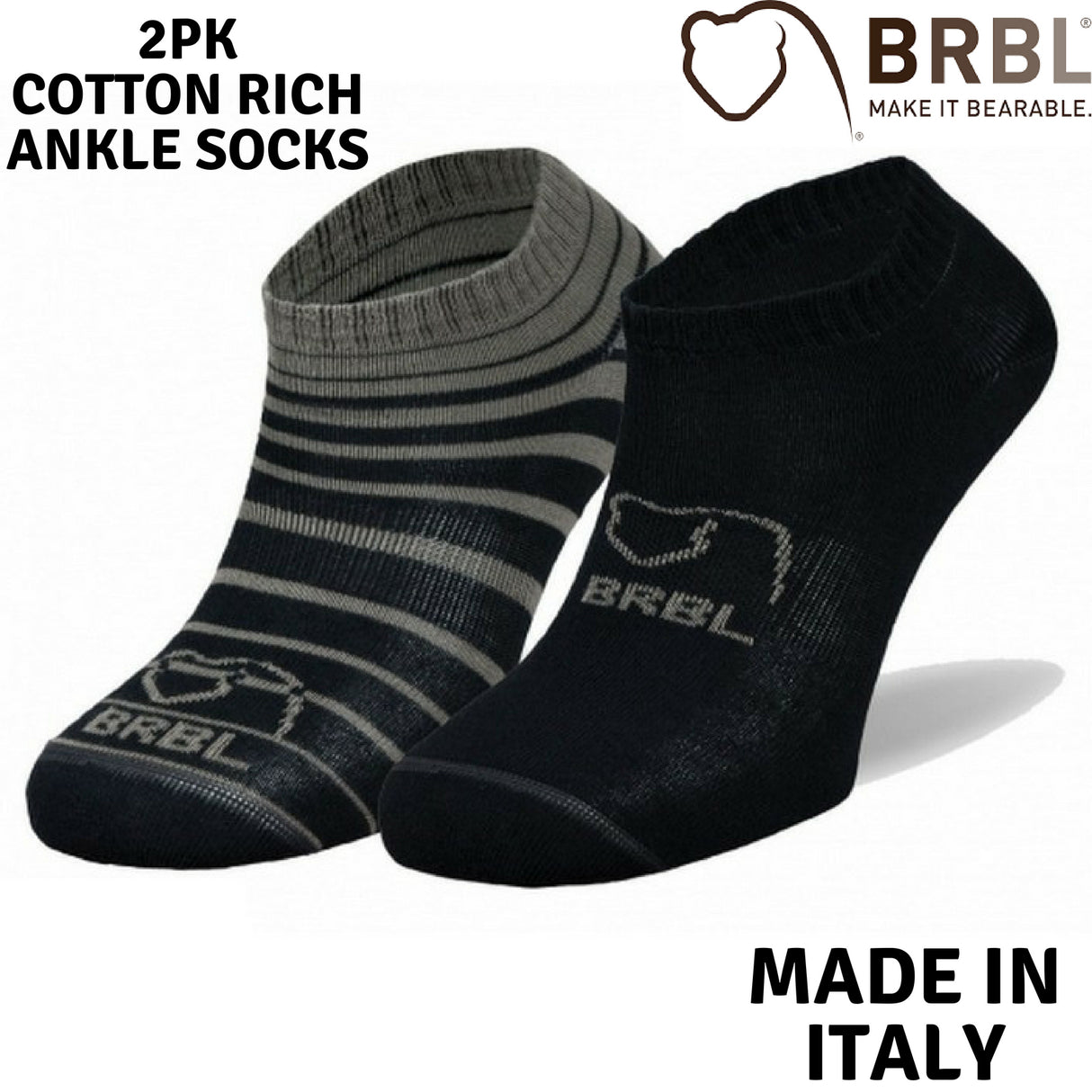 2pk BRBL Baloo Ankle Socks Low Cut MADE IN ITALY  - Dark Grey/Mid Grey - L