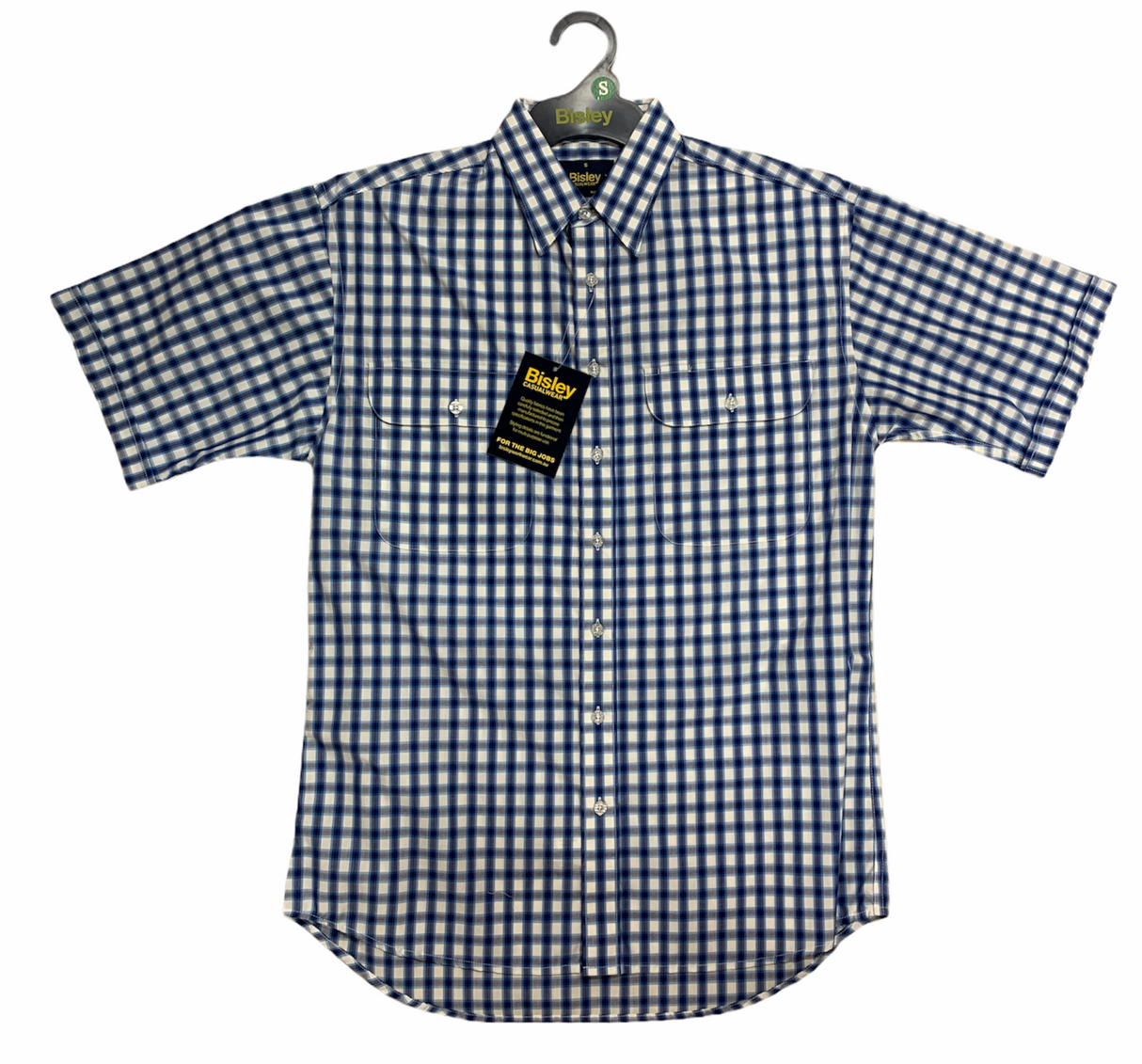 Bisley Mens Short Sleeve Check Shirt Checkered Cotton Blend Casual Business Work - Blue