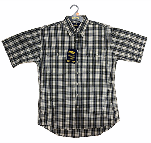 Bisley Mens Short Sleeve Check Shirt Checkered Cotton Blend Casual Business Work - Olive